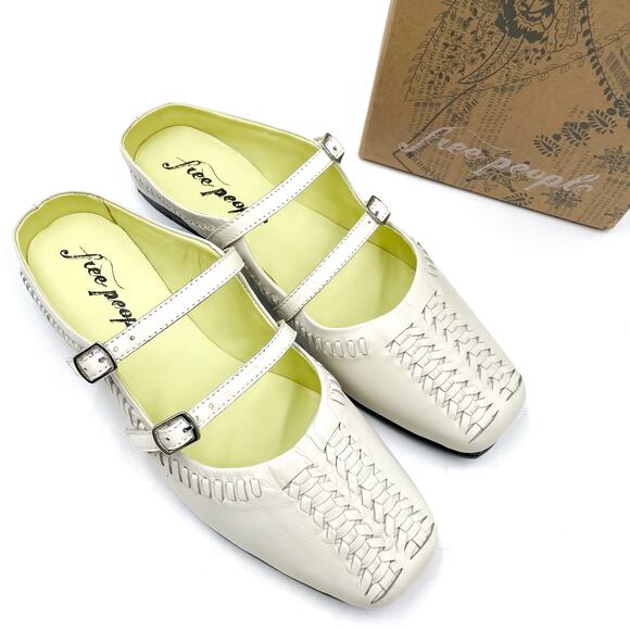 Free People Shoes - Free People Diana Double Strap Mules Bone White Flats Square Toe Leather 37 / 7